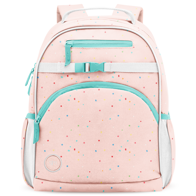 Pale pink backpack with turquoise and white accents on straps and zippers Pale pink backpack with turquoise and white accents on straps and zippers