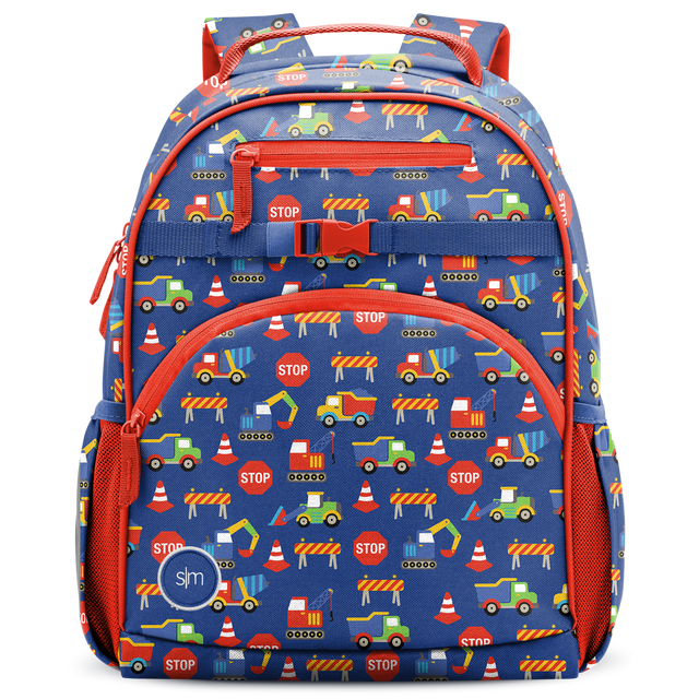 Navy blue backpack with bright red-orange accents, featuring yellow, green, and white details Navy blue backpack with bright red-orange accents, featuring yellow, green, and white details