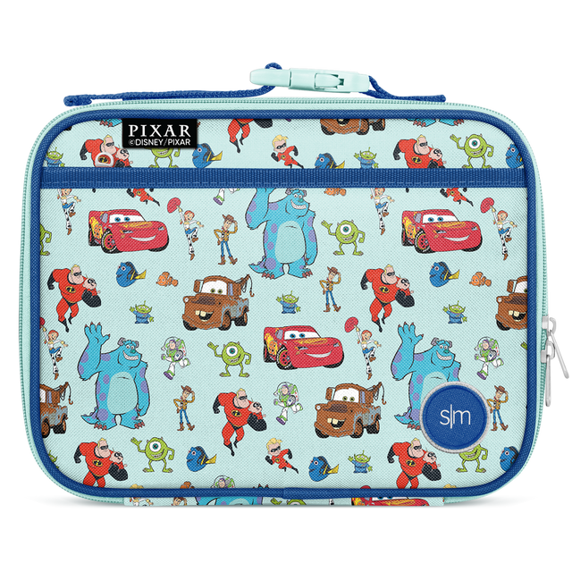 Mint green lunch box with royal blue handles and trim, featuring bright red, brown, teal, yellow-green, and orange accents in a colorful pattern. Mint green lunch box with royal blue handles and trim, featuring bright red, brown, teal, yellow-green, and orange accents in a colorful pattern.