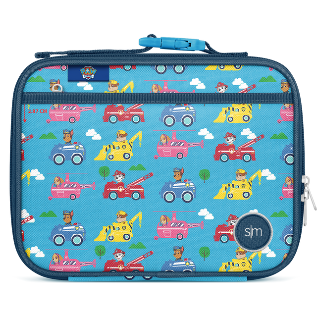 Bright sky blue lunch box with red, yellow, white, green, navy blue, and light turquoise accents Bright sky blue lunch box with red, yellow, white, green, navy blue, and light turquoise accents