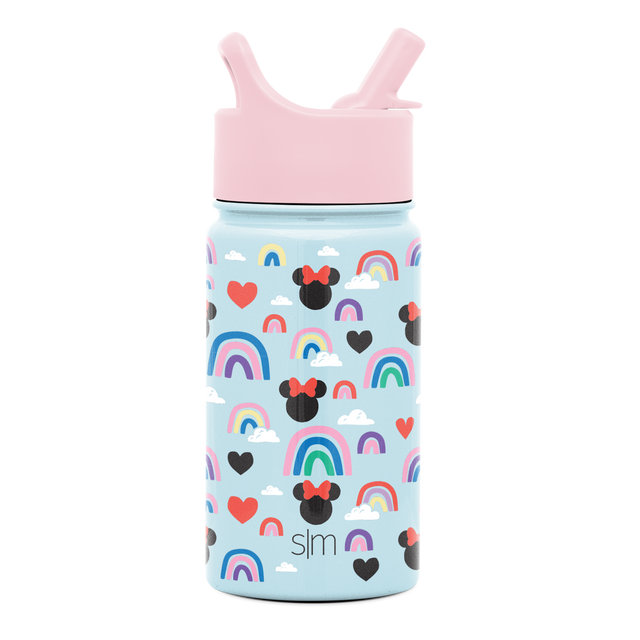 Light blue cylindrical water bottle with colorful all-over rainbow pattern design in varying sizes printed across the body Light blue cylindrical water bottle with colorful all-over rainbow pattern design in varying sizes printed across the body
