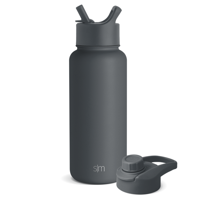 Charcoal gray water bottle with straw lid cap and flip-cap lid shown in monochromatic dark gray tones Charcoal gray water bottle with straw lid cap and flip-cap lid shown in monochromatic dark gray tones