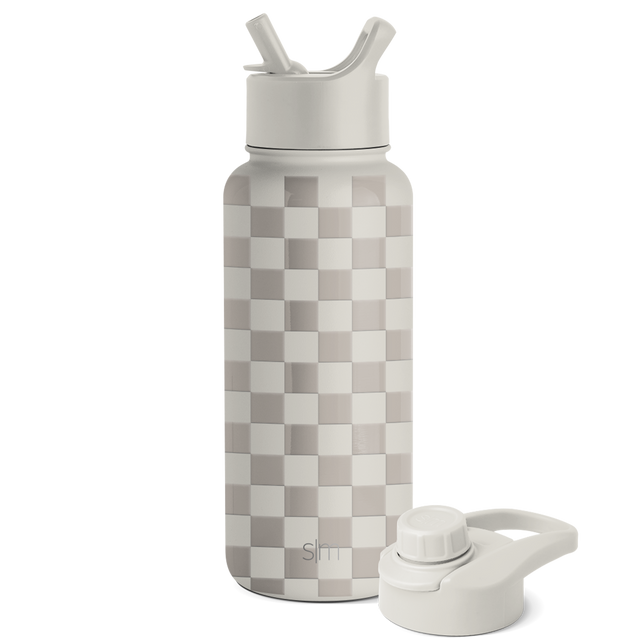 Cream and taupe checkered water bottle with neutral monochromatic design featuring soft whites and warm grays. Cream and taupe checkered water bottle with neutral monochromatic design featuring soft whites and warm grays.