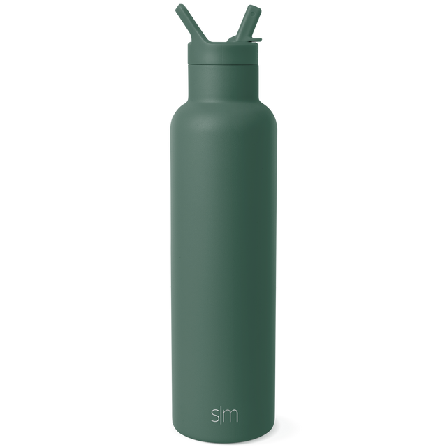 Muted sage green insulated water bottle with matte powder-coated finish, cylindrical body, and matching cap Muted sage green insulated water bottle with matte powder-coated finish, cylindrical body, and matching cap
