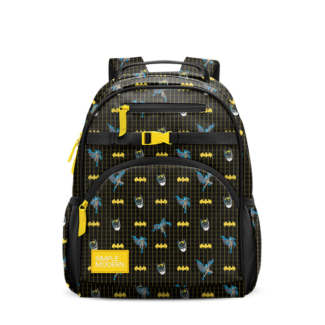 Black children's Batman backpack with yellow and blue accents, padded straps, multiple zippered pockets, mesh side pockets, and yellow carabiner clip on white background. Black children's Batman backpack with yellow and blue accents, padded straps, multiple zippered pockets, mesh side pockets, and yellow carabiner clip on white background.