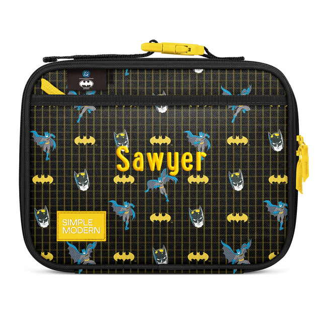 Black Batman insulated lunch case with bright yellow and electric blue design featuring Batman logo, cape, silhouette, and Black Batman insulated lunch case with bright yellow and electric blue design featuring Batman logo, cape, silhouette, and