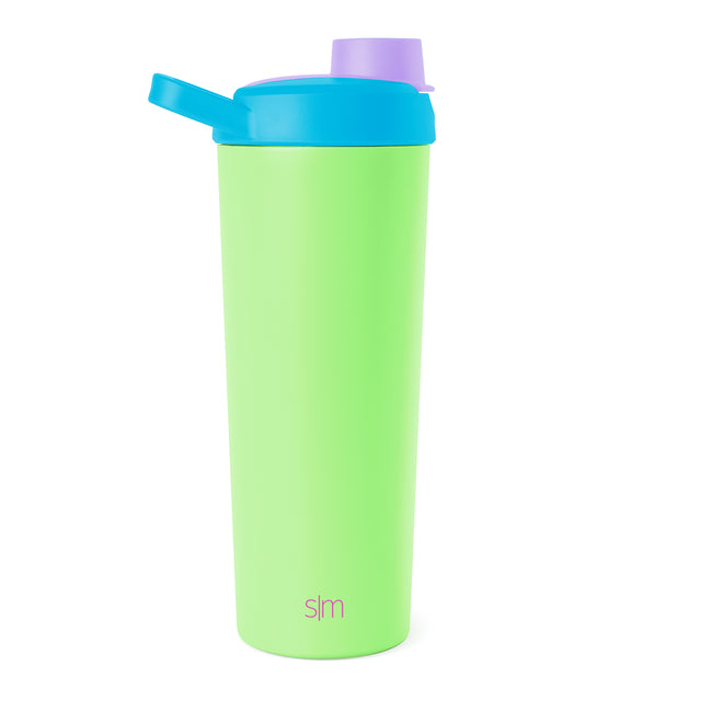 Lime green water bottle with turquoise blue lid and flip spout Lime green water bottle with turquoise blue lid and flip spout