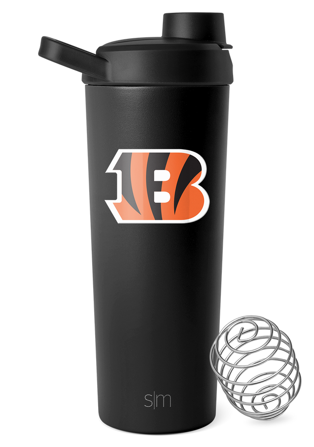 Black cylindrical shaker bottle with bright orange and white logo graphic Black cylindrical shaker bottle with bright orange and white logo graphic