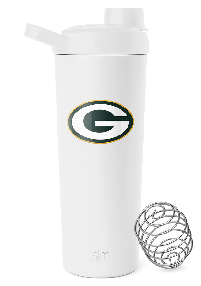 White cylindrical water bottle with silver shaker ball and forest green team logo with yellow-gold trim White cylindrical water bottle with silver shaker ball and forest green team logo with yellow-gold trim