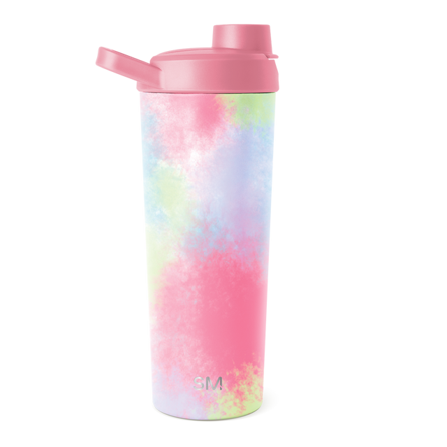 Pastel tie-dye water bottle in soft pink, lavender, mint green, and white colors with concentrated pink tones throughout the design. Pastel tie-dye water bottle in soft pink, lavender, mint green, and white colors with concentrated pink tones throughout the design.