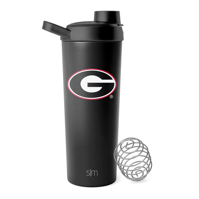 Black water bottle with Georgia Bulldogs red and white logo, featuring a silver metal shaker ball in the lid Black water bottle with Georgia Bulldogs red and white logo, featuring a silver metal shaker ball in the lid