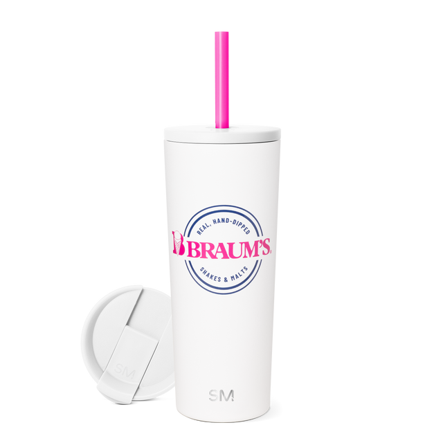 White tumbler with lid and vibrant hot pink straw White tumbler with lid and vibrant hot pink straw