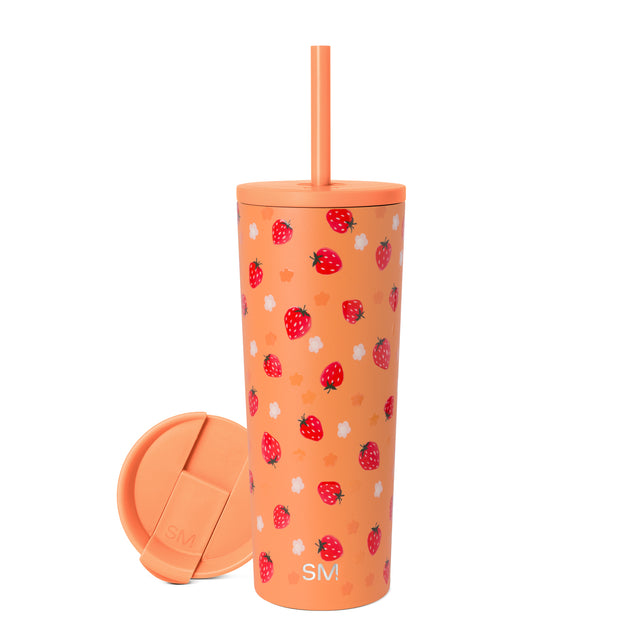 Peachy-orange tumbler with red strawberries featuring yellow seeds and dark green leaves, white accents throughout Peachy-orange tumbler with red strawberries featuring yellow seeds and dark green leaves, white accents throughout