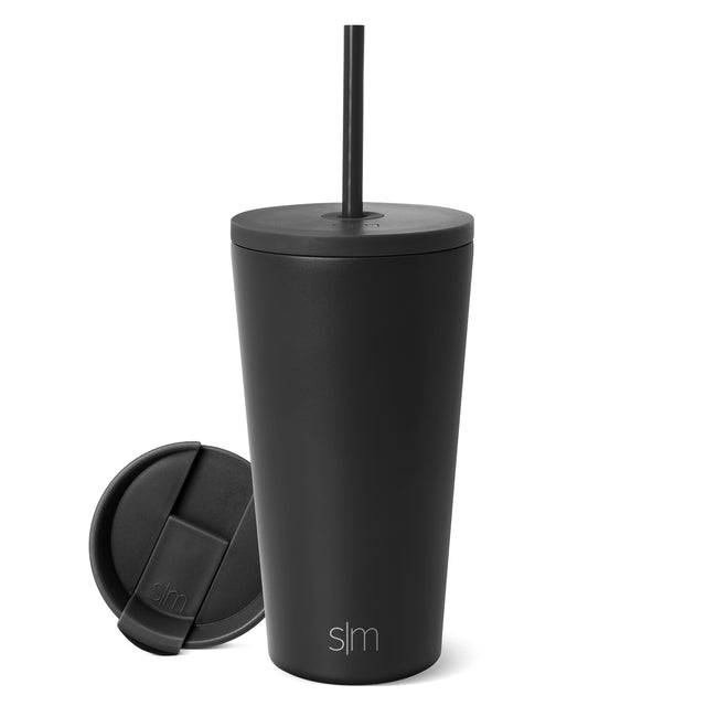 Black Classic Tumbler with matching lid and straw, shown upright with detached lid displaying SM logo, on white background Black Classic Tumbler with matching lid and straw, shown upright with detached lid displaying SM logo, on white background