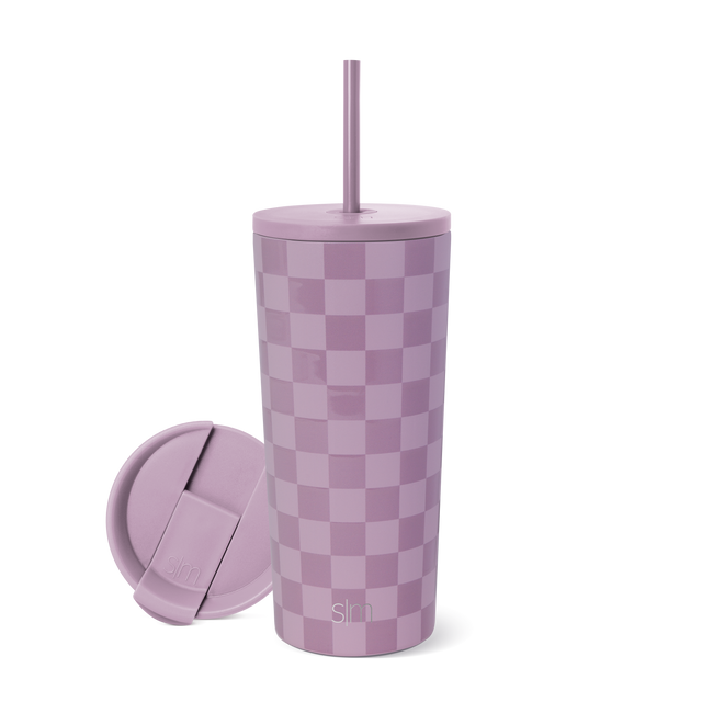 Soft mauve and dusty purple two-tone checkerboard tumbler with matching lid Soft mauve and dusty purple two-tone checkerboard tumbler with matching lid
