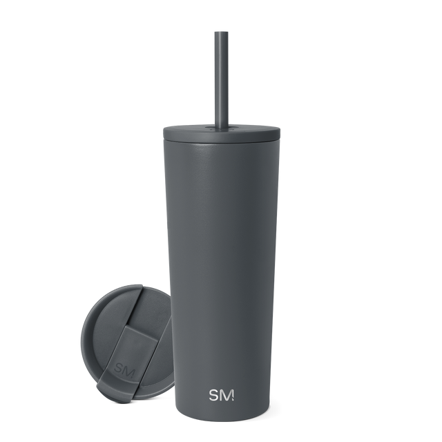 Charcoal gray tumbler with matching lid on white background, featuring matte finish and subtle texture Charcoal gray tumbler with matching lid on white background, featuring matte finish and subtle texture