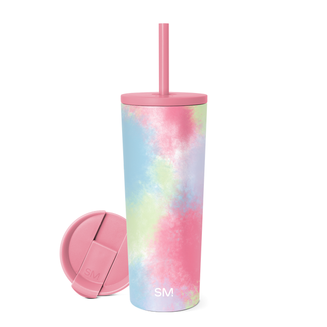 Soft pastel tie-dye tumbler with pink, blue, mint green, and pale yellow blended pattern, matching soft pink lid and straw Soft pastel tie-dye tumbler with pink, blue, mint green, and pale yellow blended pattern, matching soft pink lid and straw