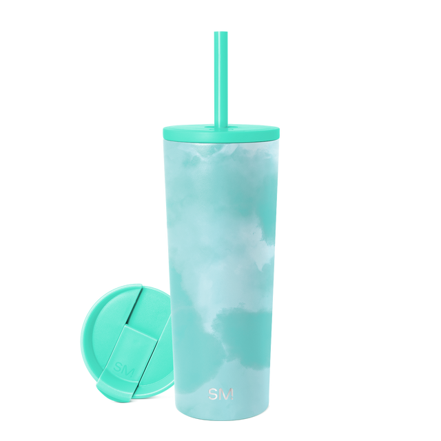 Turquoise insulated tumbler with mint green and white tie-dye pattern on white background Turquoise insulated tumbler with mint green and white tie-dye pattern on white background