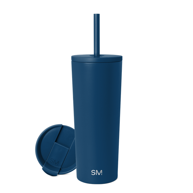 Deep teal blue cylindrical tumbler with matching lid, minimalist design, straight sides and flat top Deep teal blue cylindrical tumbler with matching lid, minimalist design, straight sides and flat top
