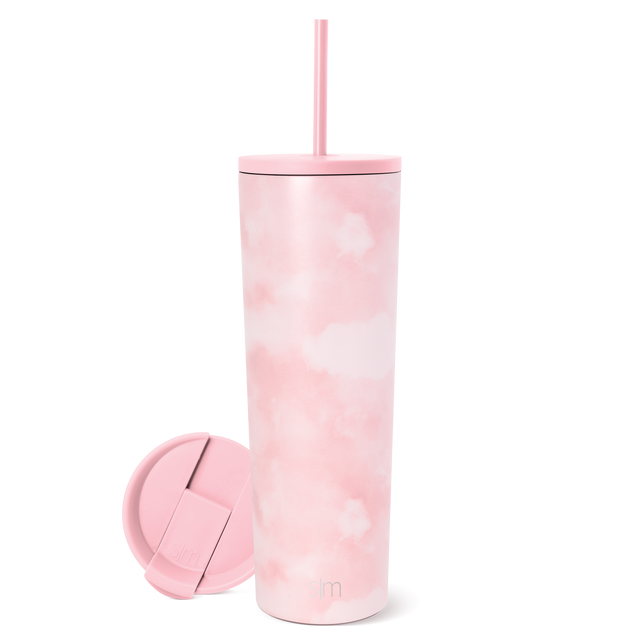 Soft pink tumbler with matching lid and straw featuring subtle watercolor cloud patterns in deeper rose pink shades Soft pink tumbler with matching lid and straw featuring subtle watercolor cloud patterns in deeper rose pink shades
