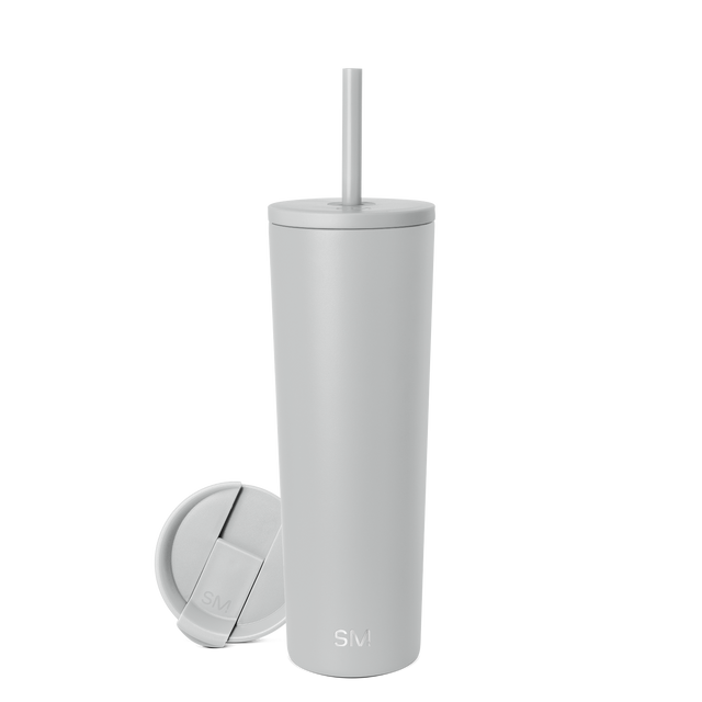 Gray stainless steel tumbler with matching lid on light gray background, showing subtle shading and dimension in neutral tones. Gray stainless steel tumbler with matching lid on light gray background, showing subtle shading and dimension in neutral tones.