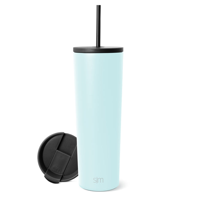 Pale aqua blue insulated tumbler with black lid and straw, shown with detached lid on white background. Simple Modern Classic Tumbler product image. Pale aqua blue insulated tumbler with black lid and straw, shown with detached lid on white background. Simple Modern Classic Tumbler product image.
