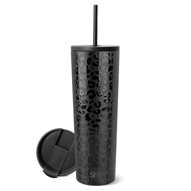 Classic Tumbler in charcoal black with embossed leopard print pattern, shown with matching black lid featuring handles and black straw on white background. Classic Tumbler in charcoal black with embossed leopard print pattern, shown with matching black lid featuring handles and black straw on white background.