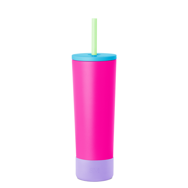 Hot pink cylindrical tumbler with turquoise blue lid and color-block design, featuring a modern two-tone aesthetic. Hot pink cylindrical tumbler with turquoise blue lid and color-block design, featuring a modern two-tone aesthetic.