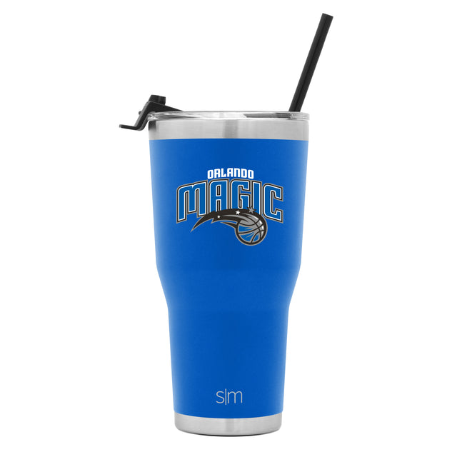 Royal blue insulated tumbler with brushed stainless steel silver-gray bands at top and bottom, featuring a straw Royal blue insulated tumbler with brushed stainless steel silver-gray bands at top and bottom, featuring a straw
