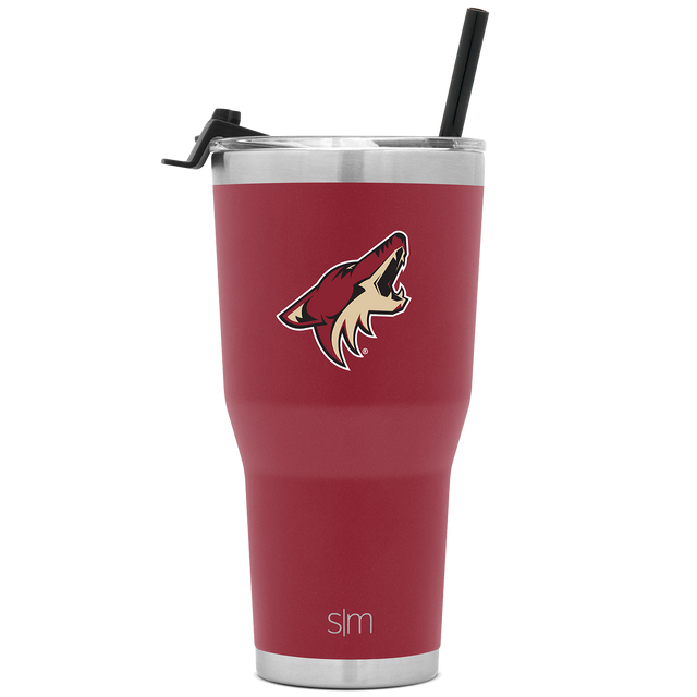 Deep burgundy insulated tumbler with silver stainless steel rim and base, photographed against white background