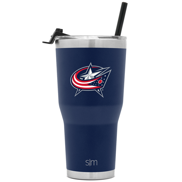 Navy blue insulated tumbler with Columbus Blue Jackets logo and silver accents Navy blue insulated tumbler with Columbus Blue Jackets logo and silver accents