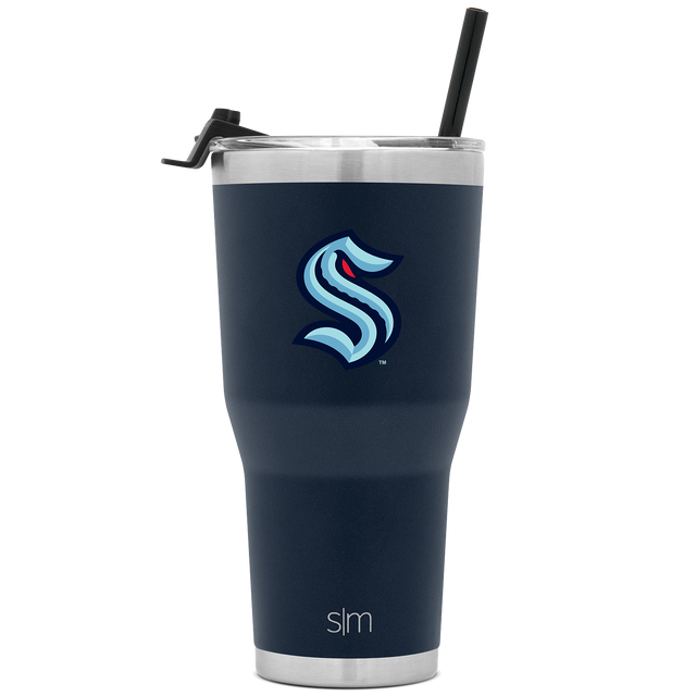 Navy blue stainless steel tumbler with Kraken logo design and silver rim Navy blue stainless steel tumbler with Kraken logo design and silver rim