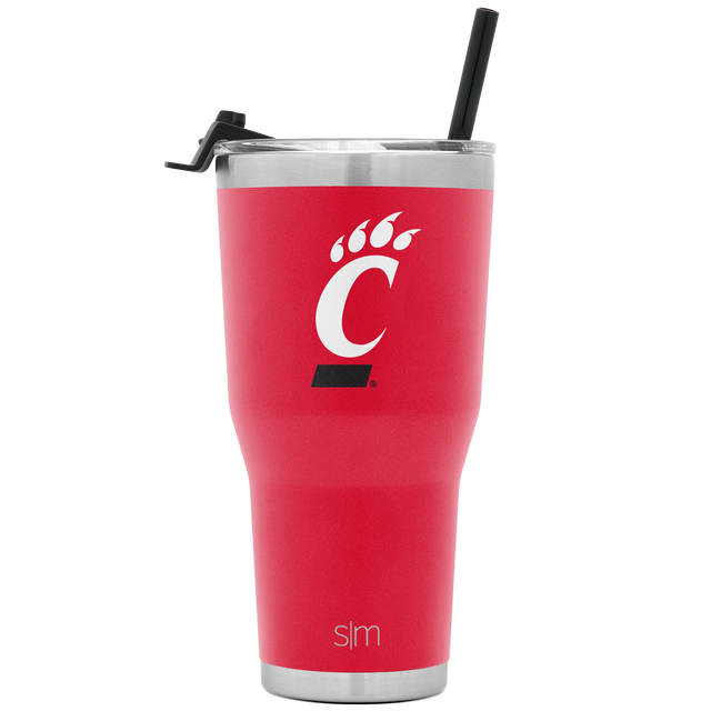 Coral-red tumbler with brushed stainless steel rim, lid band, and base band, black accents Coral-red tumbler with brushed stainless steel rim, lid band, and base band, black accents