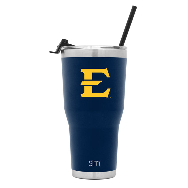 Navy blue stainless steel tumbler with golden yellow logo on front, silver rim and lid visible from above Navy blue stainless steel tumbler with golden yellow logo on front, silver rim and lid visible from above