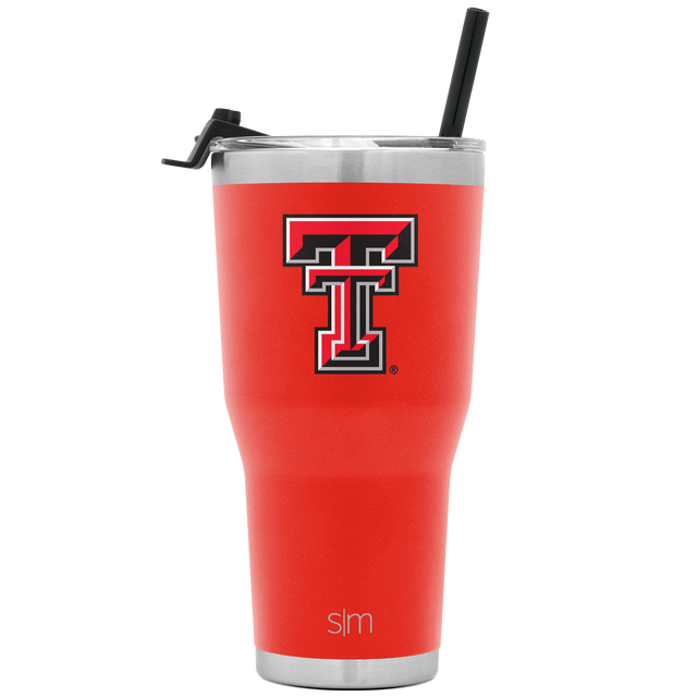 Red insulated tumbler with brushed stainless steel silver-gray rim and base Red insulated tumbler with brushed stainless steel silver-gray rim and base