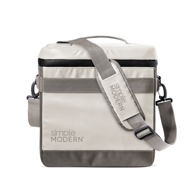 Cream and gray striped canvas bag with black trim, neutral modern design Cream and gray striped canvas bag with black trim, neutral modern design