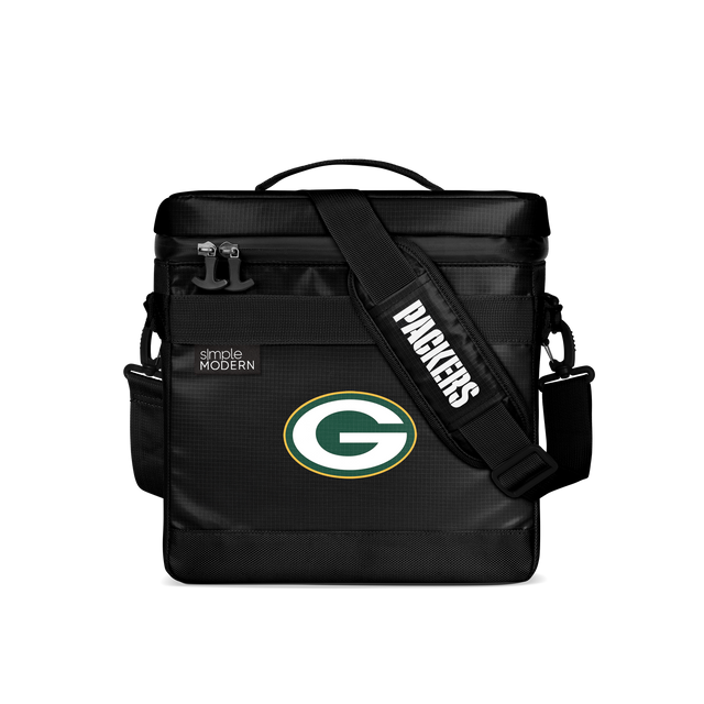 Black and charcoal gray tote bag with forest green and white logo design and yellow-gold trim details Black and charcoal gray tote bag with forest green and white logo design and yellow-gold trim details