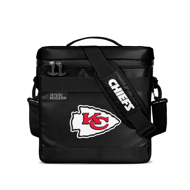 Black cooler bag with white and red Kansas City Chiefs accents, featuring padded handles and a shoulder strap for easy transport. Black cooler bag with white and red Kansas City Chiefs accents, featuring padded handles and a shoulder strap for easy transport.