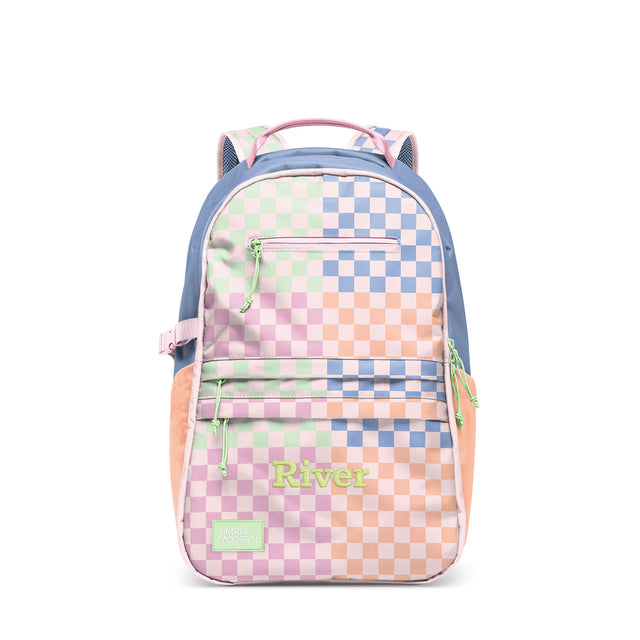 Pastel checkerboard children's backpack with cat-ear design, gradient colors from blue-green to peachy-orange, green zipper pulls, pink shoulder straps, and Pastel checkerboard children's backpack with cat-ear design, gradient colors from blue-green to peachy-orange, green zipper pulls, pink shoulder straps, and
