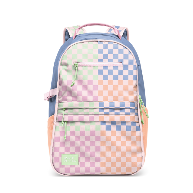 Pastel checkerboard backpack with soft pink, pale green, light blue, peachy orange, and cream white squares in a modern structured design. Pastel checkerboard backpack with soft pink, pale green, light blue, peachy orange, and cream white squares in a modern structured design.