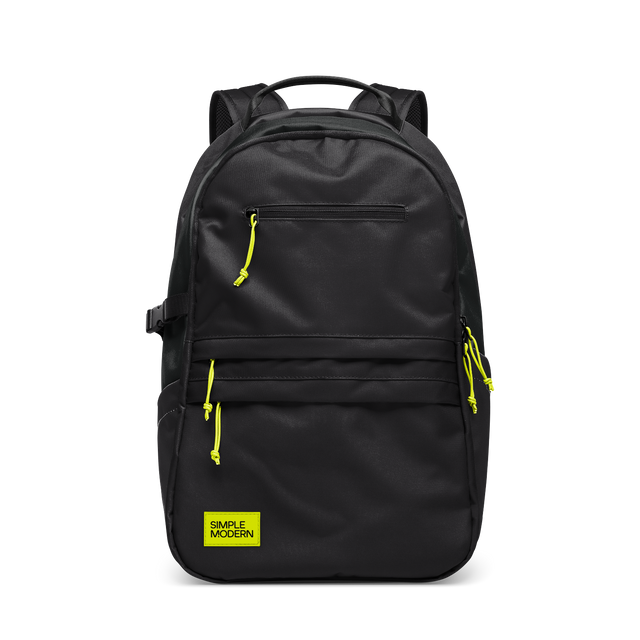 Black backpack with bright yellow-lime accents on zipper pulls, drawstring handles, and branded label patch Black backpack with bright yellow-lime accents on zipper pulls, drawstring handles, and branded label patch