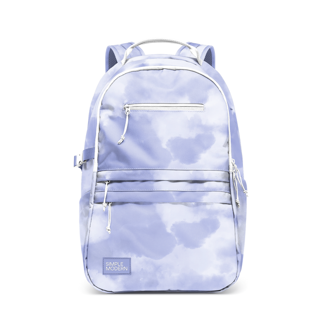 Periwinkle blue and pale lavender cloud pattern backpack on white-to-cream base with soft pastel colors Periwinkle blue and pale lavender cloud pattern backpack on white-to-cream base with soft pastel colors