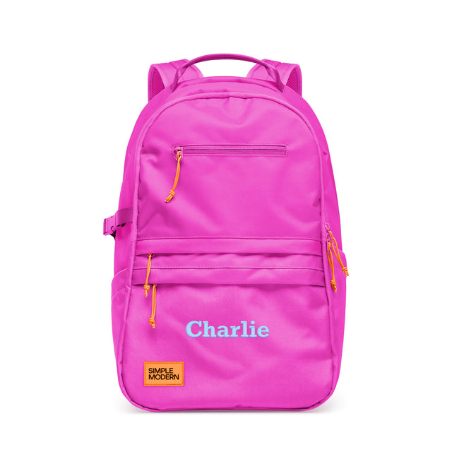 Hot pink backpack with yellow and orange zipper pulls, personalized with Hot pink backpack with yellow and orange zipper pulls, personalized with