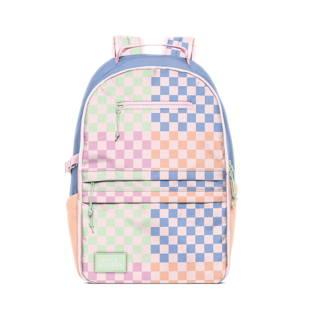 Periwinkle blue backpack with gradient checkered pattern on front panel, soft pastel color palette, outer handle straps visible Periwinkle blue backpack with gradient checkered pattern on front panel, soft pastel color palette, outer handle straps visible
