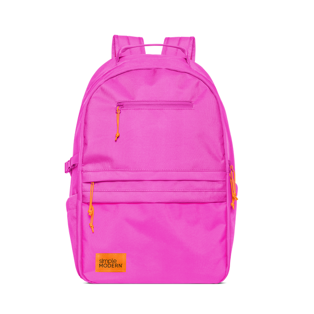 Hot pink backpack with yellow and orange zipper accents Hot pink backpack with yellow and orange zipper accents
