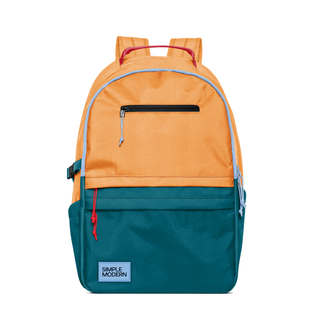 Orange, light blue, and gray color-blocked backpack with front view displayed against white background Orange, light blue, and gray color-blocked backpack with front view displayed against white background