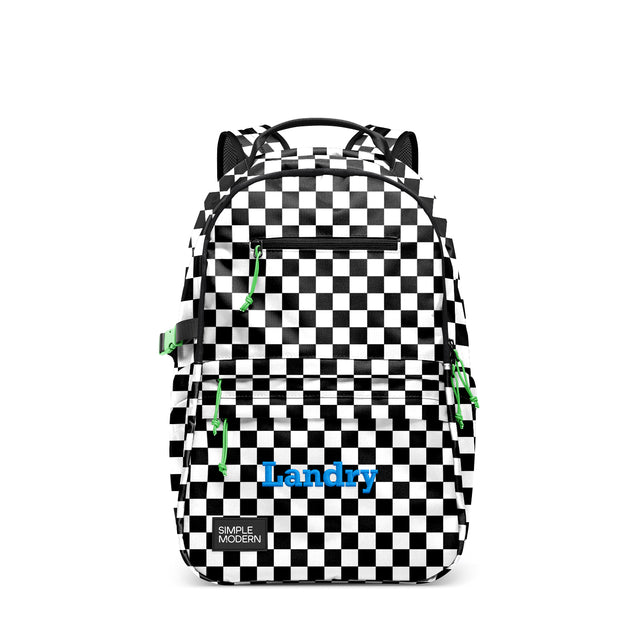 Black and white checkered backpack with neon green compression straps and blue Black and white checkered backpack with neon green compression straps and blue