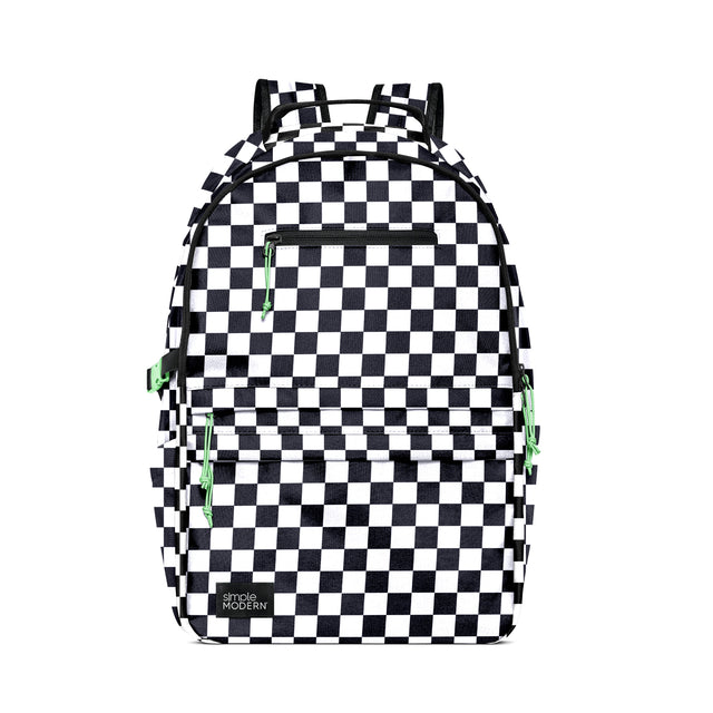 Black and white checkerboard backpack with neon green compression straps and zipper pulls Black and white checkerboard backpack with neon green compression straps and zipper pulls