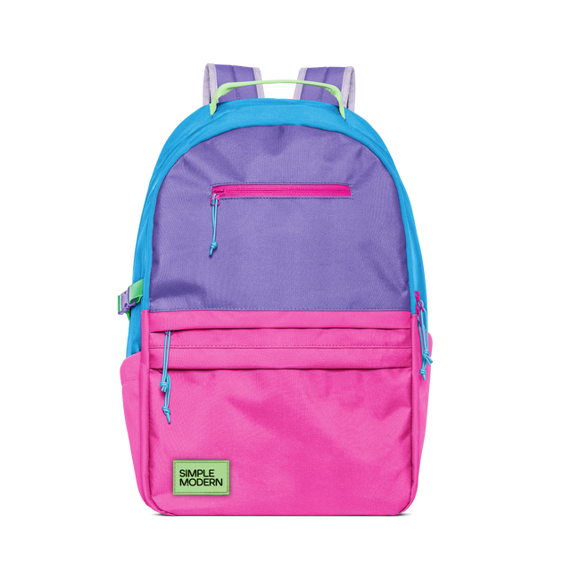 Colorblock backpack with hot pink lower body, electric blue frame, and purple accents in vibrant design. Colorblock backpack with hot pink lower body, electric blue frame, and purple accents in vibrant design.