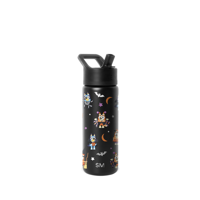 Black Simple Modern insulated water bottle with screw-on cap and carry handle on white background. Black Simple Modern insulated water bottle with screw-on cap and carry handle on white background.